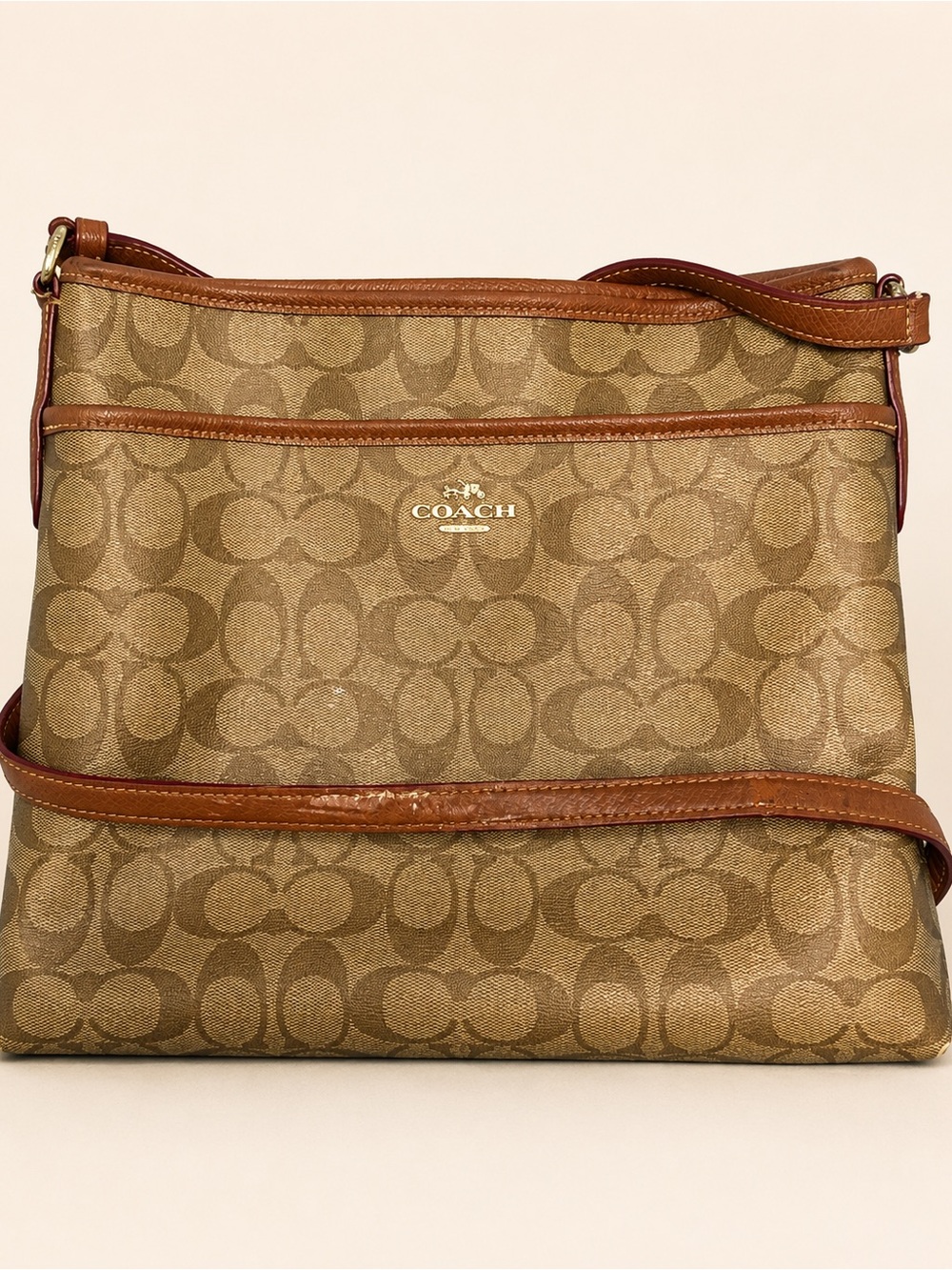 Coach Signature Canvas Crossbody Bag Tan Brown Leather 11.5” - Picture 4 of 10